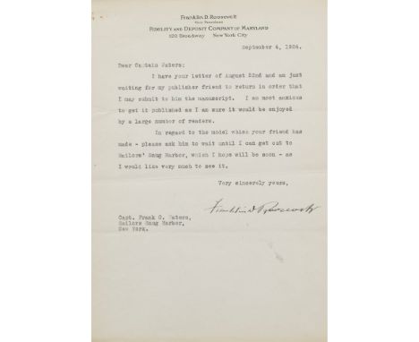 Roosevelt, Franklin D. Three typed letters, signed relating to the gift of a timber from the frame of Lightning, an American 