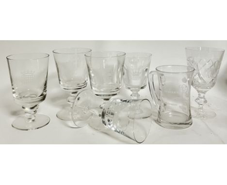 A mixed group of engraved documentary/commemorative drinking glasses comprising a Wedgwood House of Commons chalice, a Stuart