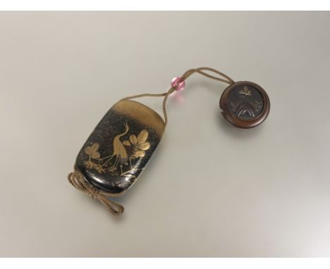 Ishii Utokusai, a fine Japanese Kajikawa school&nbsp;hiramaki-e lacquer inro, Edo Period, decorated with cranes and pine tree