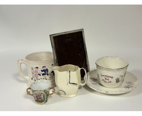 A collection of various items comprising, a 19thc Staffordshire pottery surprise frog mug with a tavern scene (h-13cm), a Ger