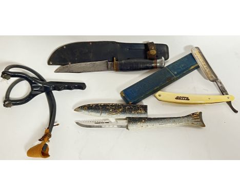 A mixed lot comprising a vintage William Rodgers knife with leather sheath, a novelty three inch Fishermen knife with wooden 