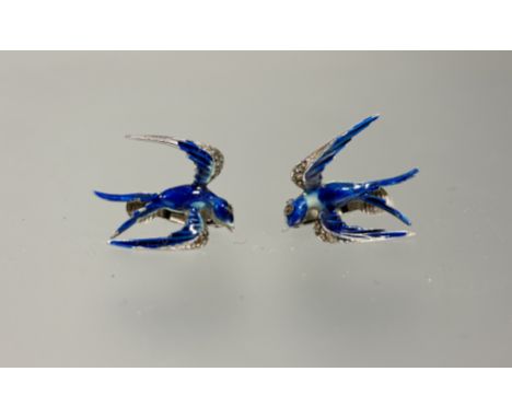 A vintage pair of silver enamel and marcasite Swallow clip on earringings: l. x 2cm&nbsp;