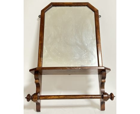 A Victorian or Edwardian mahogany wall mounted bathroom mirror with shelf raised above towel rail with turned finials (h- 76c
