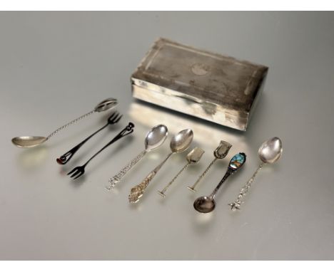A Birmingham silver engine turned cigarette box: h. x 3cm l. x 15cm w. x 9cm Birmingham 1930 and a collection of four various
