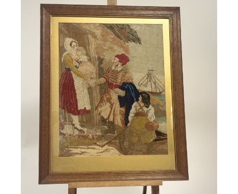 A framed 19thc style needlework tapestry scene of a woman holding a child shaking hands with man with child and ship to backg