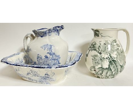 A blue and white transfer printed wash jug and basin decorated with Romantic figural scenes and landscapes (h- 30cm, w- 40cm)