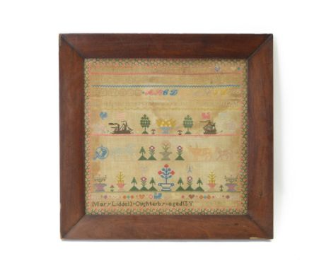 19th century sampler, by Mary Liddell aged 13 years, the alphabet above flowering baskets, animals and ships, within a flower