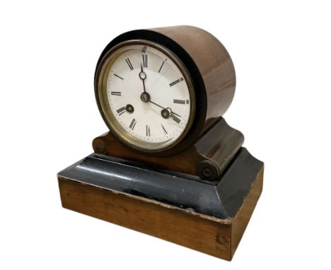 French- late 19th century mahogany and ebonised 8-day mantle clock c1890, cased drum movement with an enamel dial, Roman nume