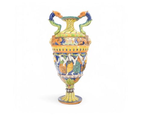 Late 19th century Italian SCA Pesaro majolica twin handled urn, decorated with a central band of dancing figures, with lion m