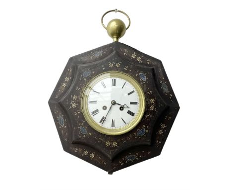 French- early19th century provincial 8-day Toleware wall clock c1820, in an octagonal case with brass ball carrying handle, p