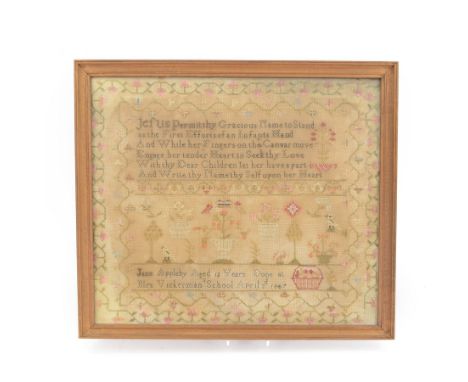19th century sampler, floral boarder with a verse, by Jane Appleby Age 12 years done at Mrs Vickerman School April 3 1847, fr