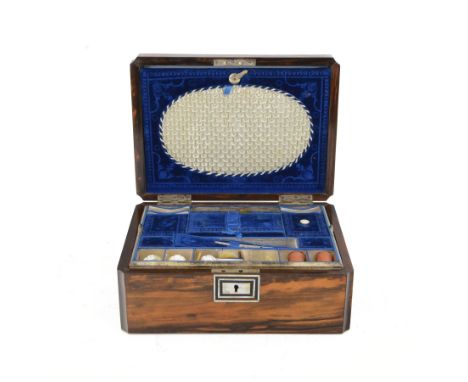 Victorian coromandel sewing box, with mother of pearl escutcheon and cartouche engraved 'Annie', with fitted blue velvet inte