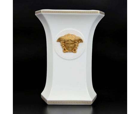 Rosenthal Versace Gorgona vase, of rectagular form with fluted base and rim, decorated in relief with medusa masks and gilt g