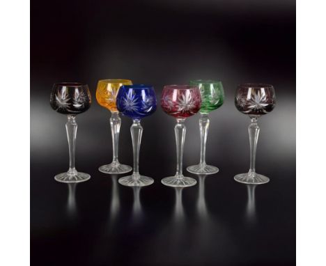 Set of six Bohemian Harlequin wine glasses, on tapered stems, raised on circular bases, H20cm