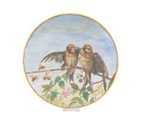 Victorian pottery circular charger, painted with birds upon a rose bush, with painted makers mark to the base Howell and Jame