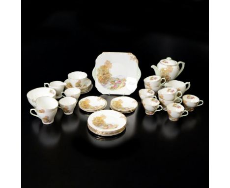 Shelley Heather pattern coffee service for six, including coffee pot, milk jug, two open sucrier, coffee cups and saucers, te