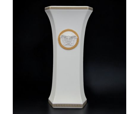 Rosenthal Versace Gorgona vase, of rectagular form with fluted base and rim, decorated in relief with medusa masks and gilt g