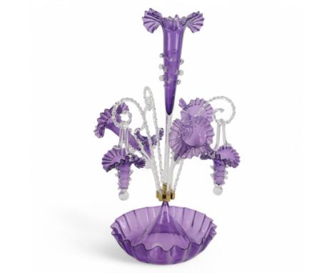 Victorian style English three basket amethyst glass epergne, H62cm