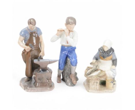 Three Bing & Grondahl figures, comprising Fish Seller no 2233, Flute Player no 1897 and Blacksmith no 2225