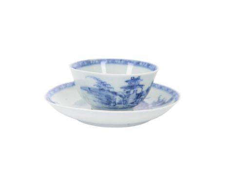 Qing Dynasty Nanking Cargo blue and white Paoda Riverscape tea bowl and saucer, with Christie's auction label underneath