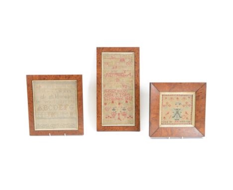 Three framed samples, including 19th century alphabet sampler by Pheobe Bolter aged 9 years, largest H51cm, W26cm 