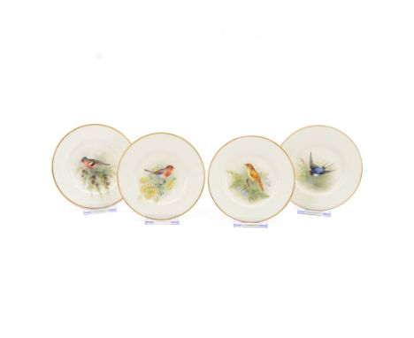 Four Royal Worcester hand painted ornithological plates, by W Powell, painted with a 'Chaffinch', 'Robin' 'Swallow' and 'Gras
