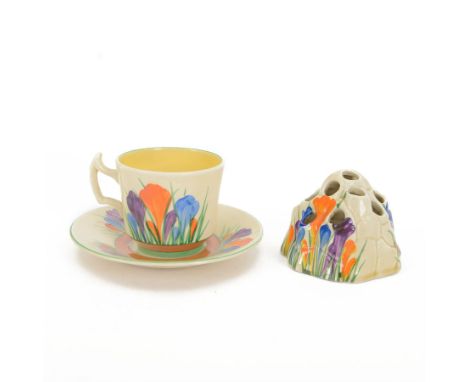 Royal Staffordshire Crocus by Clarice Cliff teacup and saucer, with printed mark beneath, together with a Clarice Cliff Crocu