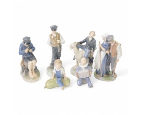 Six Royal Copenhagen figures, including Boy on Goat no 1228, Boy on Pickle no. 4539, Boy Whittling a stick no 905 