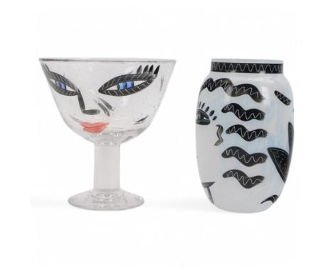 Kosta Boda Open Minds glass footed bowl, the clear glass bowl painted with female facial features, together with a Kosta Boda