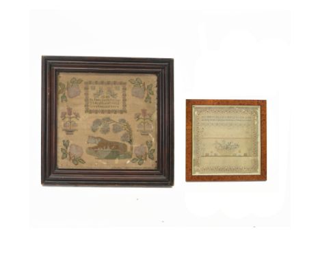 19th century sampler, finely worked with religious verse 'Be Thou Faithful Unto Death and I will give Thee a Crown' within a 
