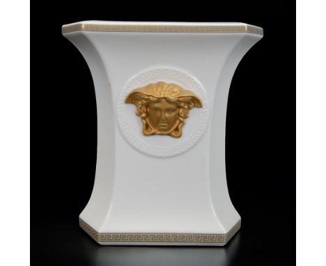 Rosenthal Versace Gorgona vase, of rectagular form with fluted base and rim, decorated in relief with medusa masks and gilt g