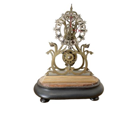 English-Late 19th century 8-day Skeleton clock on an oval ebonised base c1880, with pierced brass plates and silvered chapter