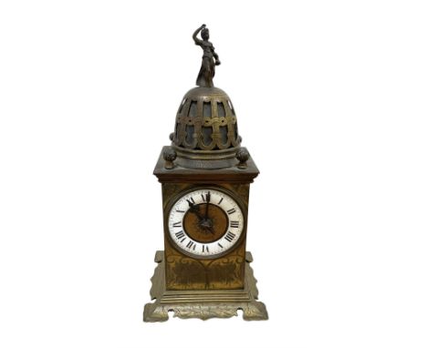 Tiffany- early 20th century brass cased 8-day mantle clock, rectangular case with engraved images taken from classical & myth