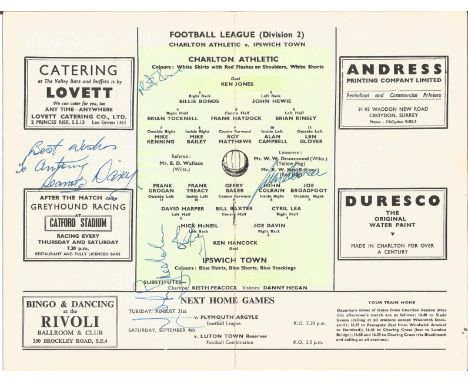 Football Vintage Programme Charlton Athletic v Ipswich Town Football League Division Two 28th August 1965 signed inside by Mi