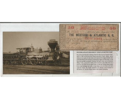 The Western &amp; Atlantic R R 1 8 1862 train ticket. Comes with vintage postcard of the locomotive. Good Condition. All auto
