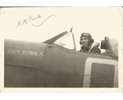 WW2 Battle of Britain pilot Percy Beake signed 6 x 4 b w Vintage photo in cockpit of Aircraft named Cape Town V from the WW2 