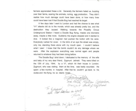 Jan Pomietlarz WW2 Polish fighter pilot 306 Sqn signed typed three page letter title Hunting Doodle Bugs. Detailed account of