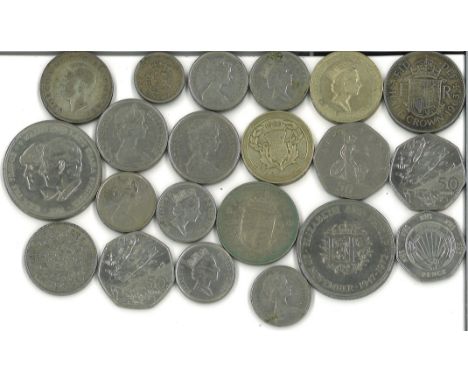 Historical British Coin collection 22 vintage British coins includes crowns, half crowns, two pound coins, fifty pence coins 