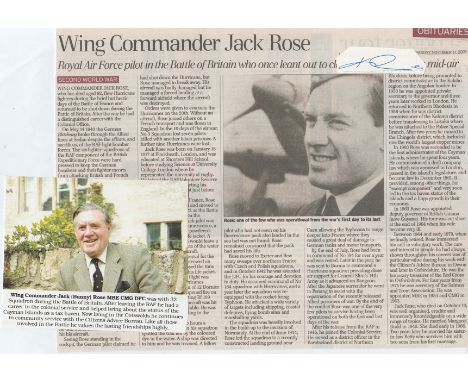 WW2 Battle of Britain fighter ace Signature and obituary of Wing Commander Jack Rose CMG MBE DFC Nos. 3-32 Squadrons Battle o