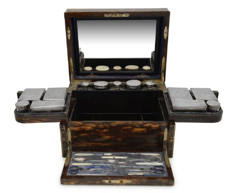 A fine Victorian brass bound coromandel travelling vanity case, with silver-topped contents London, 1873, George Betjemann & 