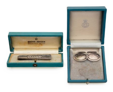 A Georg Jensen cufflink and tie clip in silverwheat bar tie clip and fitted box together with vintage Georg Jensen oval cuff 