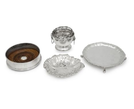 An Elizabeth II silver card tray, small rose bowl, leaf dish and wine coasterfirst Birmingham, 1971, J B Chatterley &amp; Son