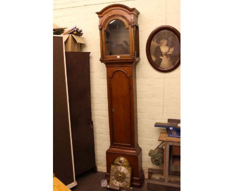 Early 19th Century oak longcase clock case, brass arched dial signed R. Henderson, Scarborough and two clock weights.