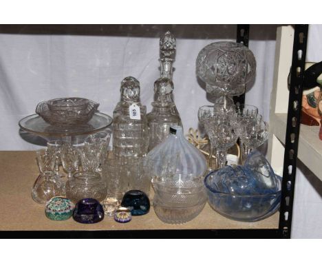 Collection of crystal, Millefiori paperweights and glass including lamp, decanters, Parlane shade, etc.