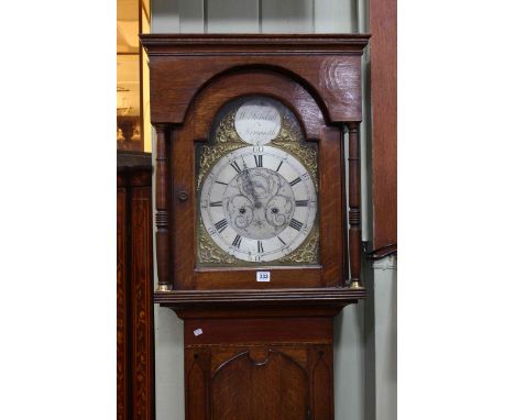 19th century oak eight day longcase clock, having brass arched dial signed W. Turnbull, Newcastle, overall height 212cm.