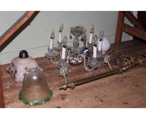 Six branch glass chandelier, three glass shades, ornate brass light holders and a brass rail (7).