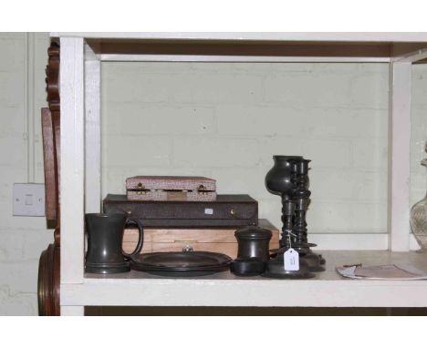 Pair of wrought iron candle stands, brass jam pan, oak barometer, canteens of cutlery and assorted pewter.