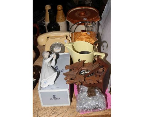 Vintage telephone, Lladro figure, cuckoo clock, local stoneware bottles, and jar, Beswick cottage, biscuit jar, Wade jug, etc