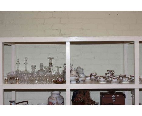 Noritake and Eggshell tea sets, four glass decanters, glass epergne, glasses, etc.