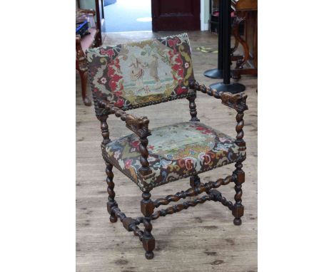 Victorian twist oak open armchair in tapestry fabric.